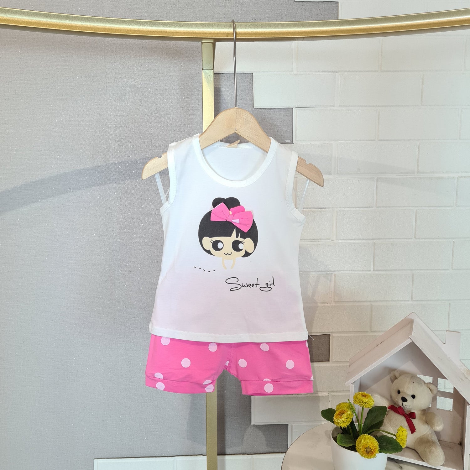 [102437] - Baju Setelan Kaos Lengan Kutung Fashion Anak Perempuan - Motif Round Girl