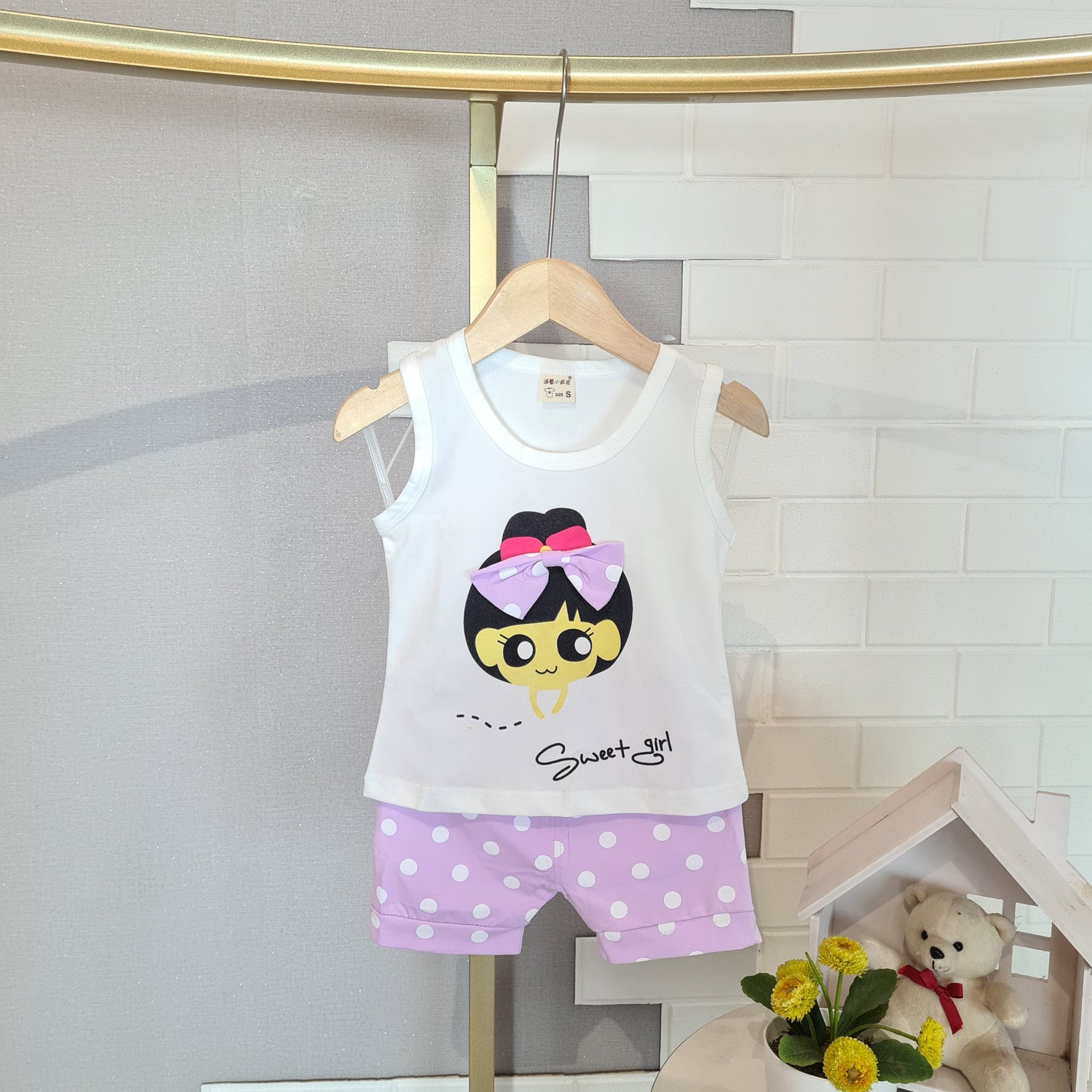 [102437] - Baju Setelan Kaos Lengan Kutung Fashion Anak Perempuan - Motif Round Girl