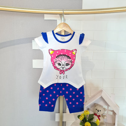 [102529] - Baju Setelan Kaos Lengan Pendek Fashion Anak Perempuan - Glasses Cat