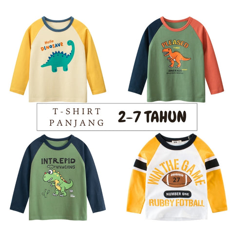 Kaos Panjang [121-BT101] - Baju Atasan T-Shirt O Neck Lengan Panjang Fashionable Anak Laki Laki Cowok Motif Animal Dino Mix Letter - BABYHOKI STORE