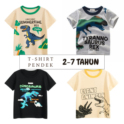 Kaos Pendek [121-BT102] - Baju Atasan T-Shirt O Neck Lengan Pendek Fashionable Anak Laki Laki Cowok Motif Dino Trex - BABYHOKI STORE - BABYHOKI STORE