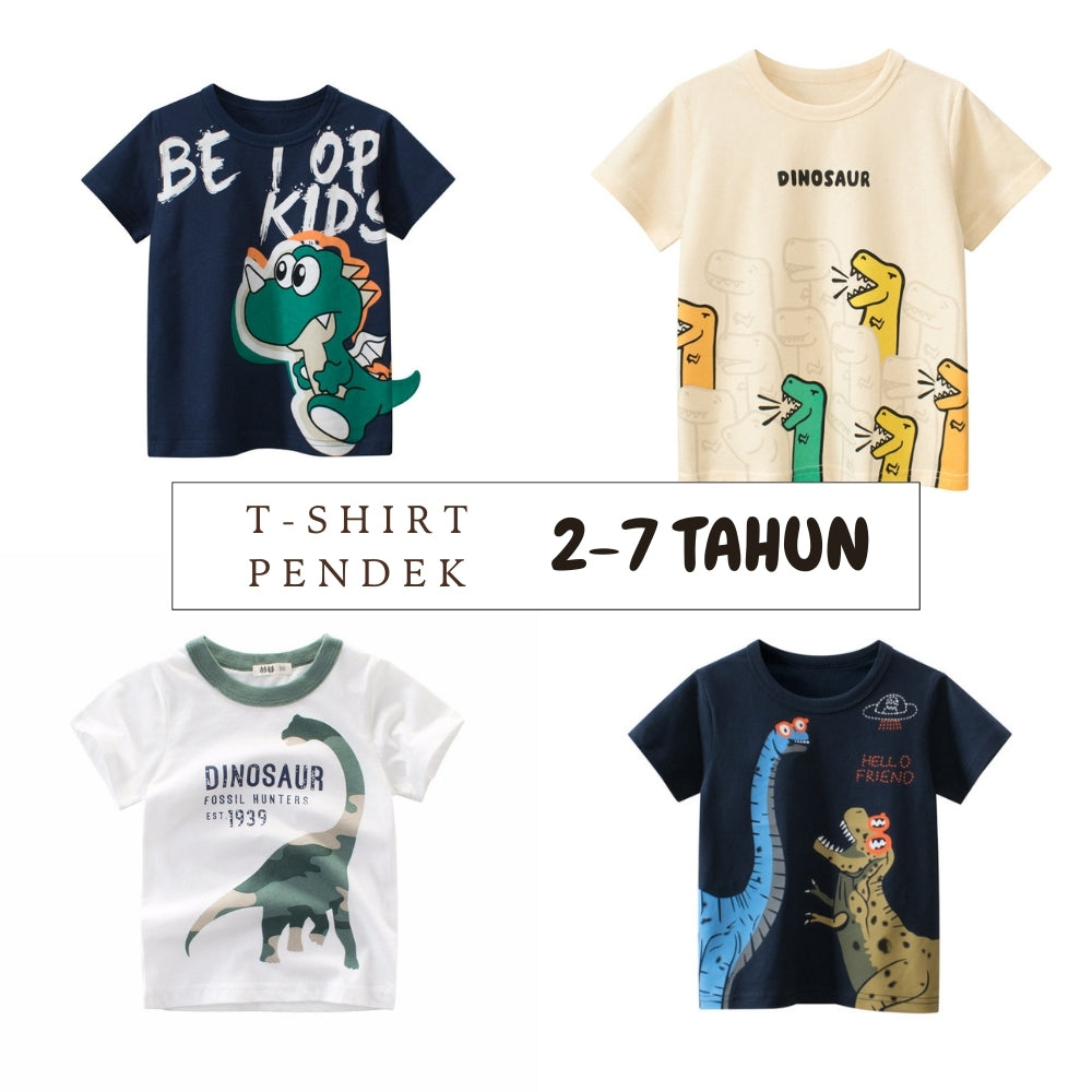 Kaos Pendek [121-BT103] - Baju Atasan T-Shirt O Neck Lengan Pendek Fashionable Anak Laki Laki Cowok Motif Dinosaur - BABYHOKI STORE