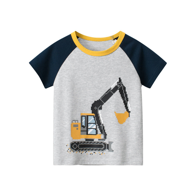 Kaos Pendek [121-BT107] - Baju Atasan T-Shirt O Neck Lengan Pendek Fashionable Anak Laki Laki Cowok Motif Excavators - BABYHOKI STORE