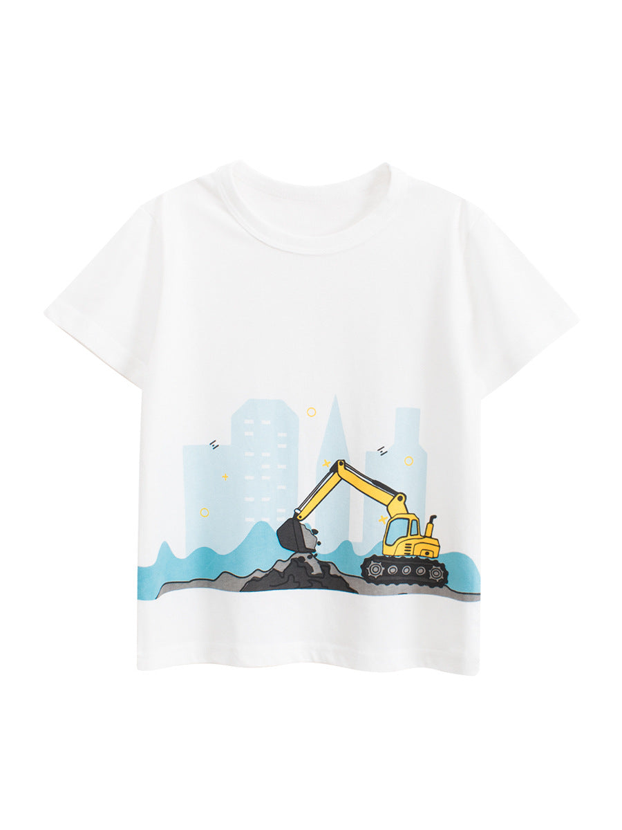 Kaos Pendek [121-BT107] - Baju Atasan T-Shirt O Neck Lengan Pendek Fashionable Anak Laki Laki Cowok Motif Excavators - BABYHOKI STORE