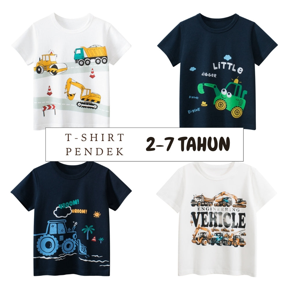 Kaos Pendek [121-BT107] - Baju Atasan T-Shirt O Neck Lengan Pendek Fashionable Anak Laki Laki Cowok Motif Excavators - BABYHOKI STORE