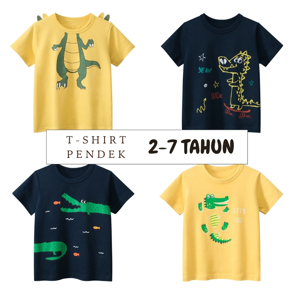 Kaos Pendek [121-BT109] - Baju Atasan T-Shirt O Neck Lengan Pendek Fashionable Anak Laki Laki Cowok Motif Crocodile - BABYHOKI STORE