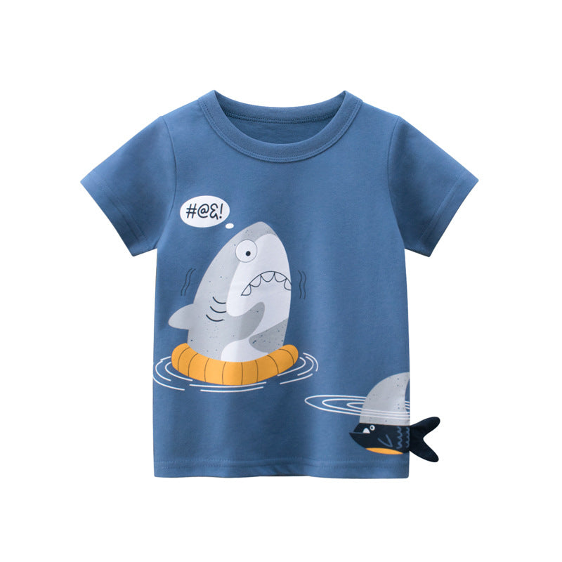 Kaos Pendek [121-BT111] - Baju Atasan T-Shirt O Neck Lengan Pendek Fashionable Anak Laki Laki Cowok Motif Sea Shark - BABYHOKI STORE