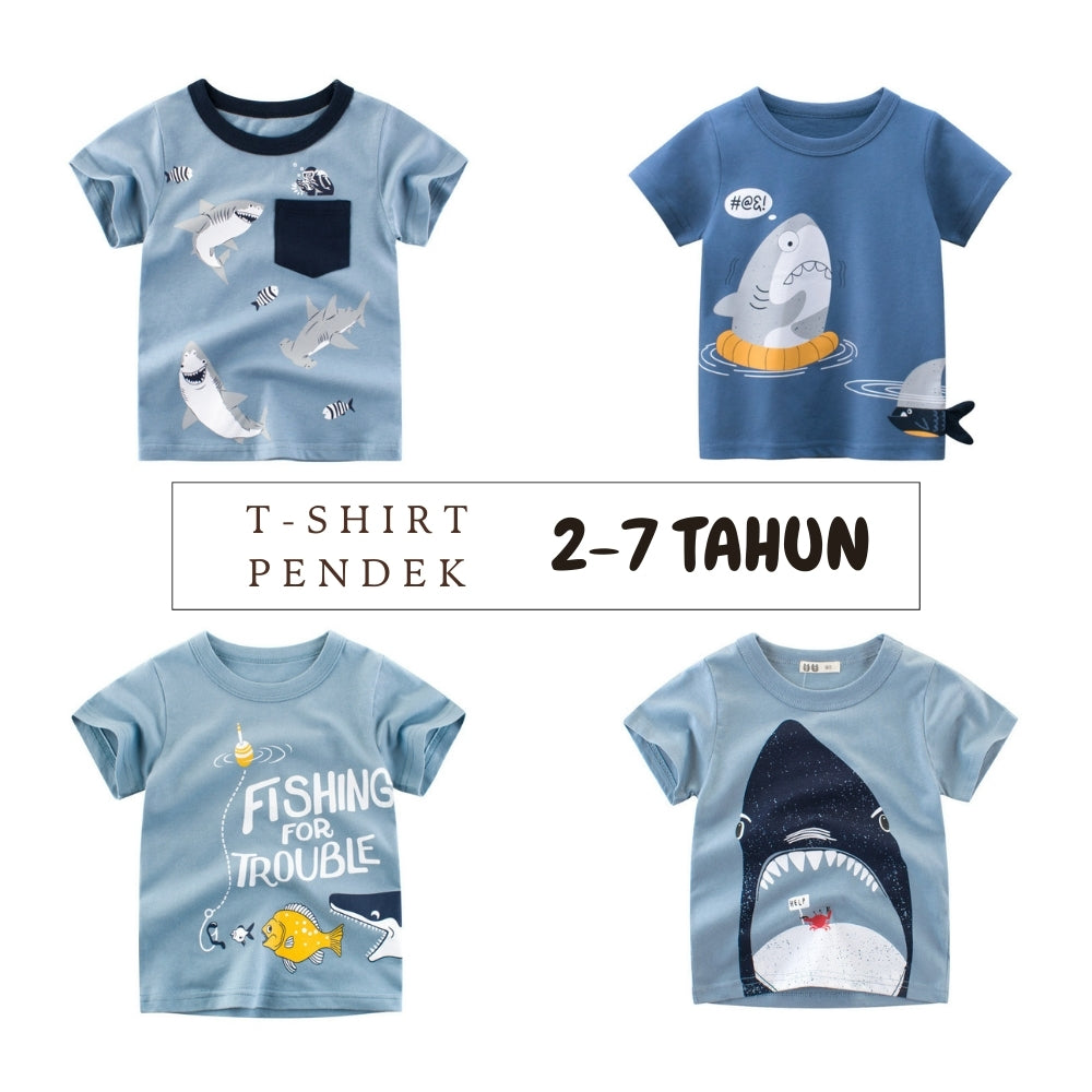 Kaos Pendek [121-BT111] - Baju Atasan T-Shirt O Neck Lengan Pendek Fashionable Anak Laki Laki Cowok Motif Sea Shark - BABYHOKI STORE