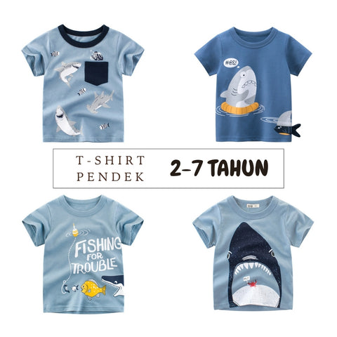 Kaos Pendek [121-BT111] - Baju Atasan T-Shirt O Neck Lengan Pendek Fashionable Anak Laki Laki Cowok Motif Sea Shark - BABYHOKI STORE - BABYHOKI STORE