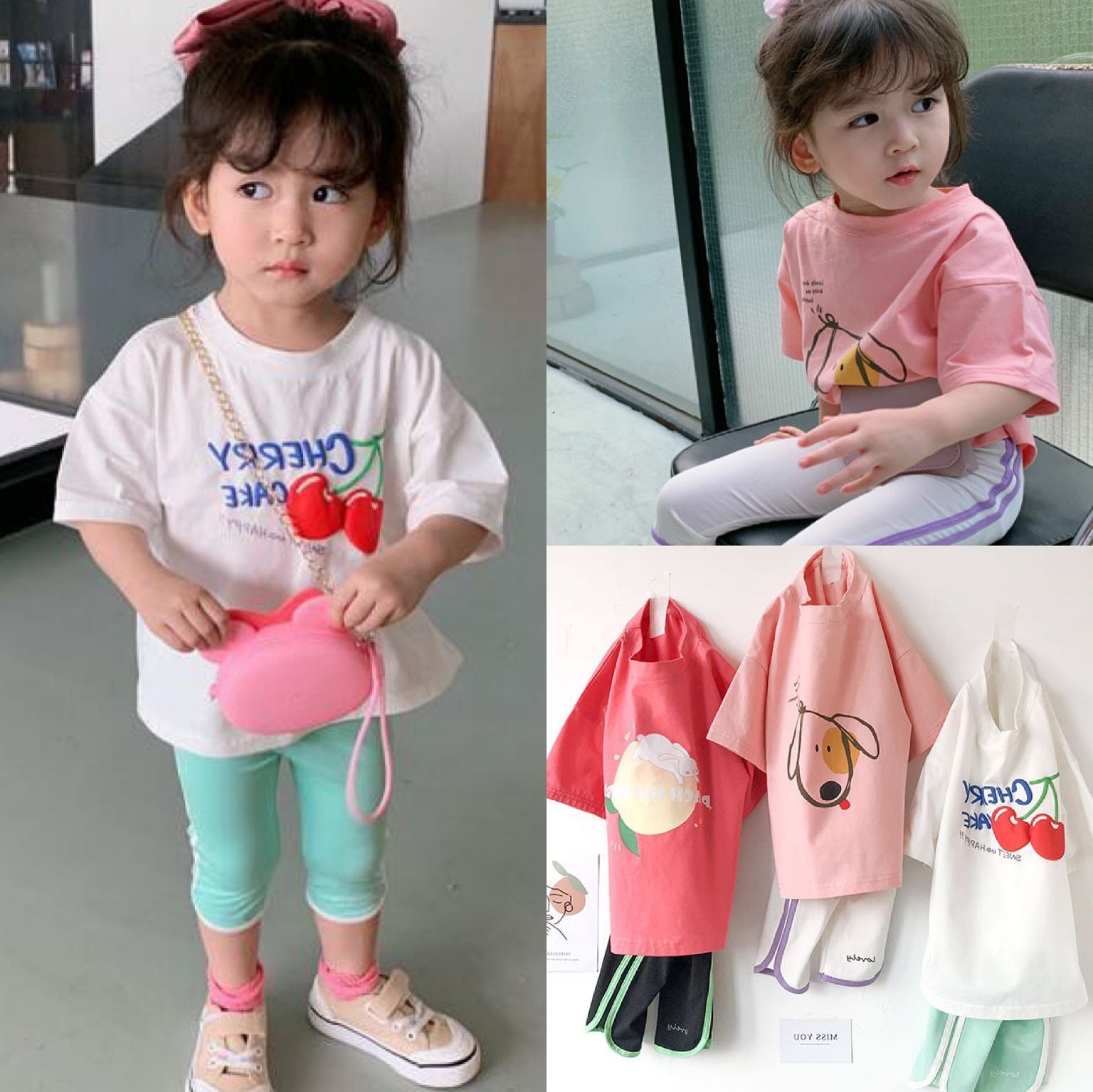 [507S119] - Setelan Baju Lengan Pendek Celana Panjang Fashion Anak Perempuan - Motif Cherry Cake