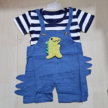 [345470-V1] - Baju Setelan Kaos Bawahan Overall Fashion Anak Cowok - Motif Dino Striped