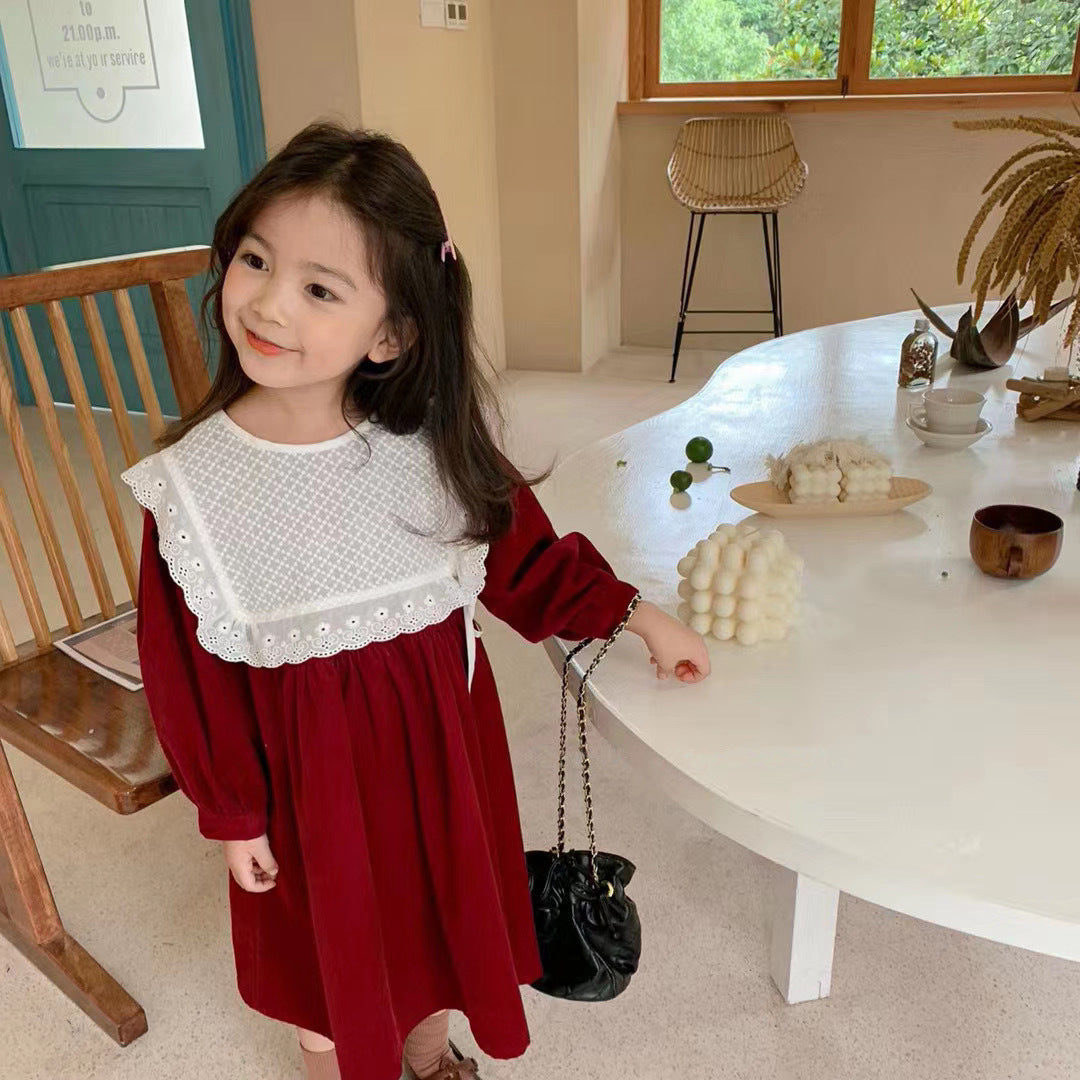 [5071028] - Baju Dress Lengan Panjang Fashion Anak Perempuan - Motif Lace Neck