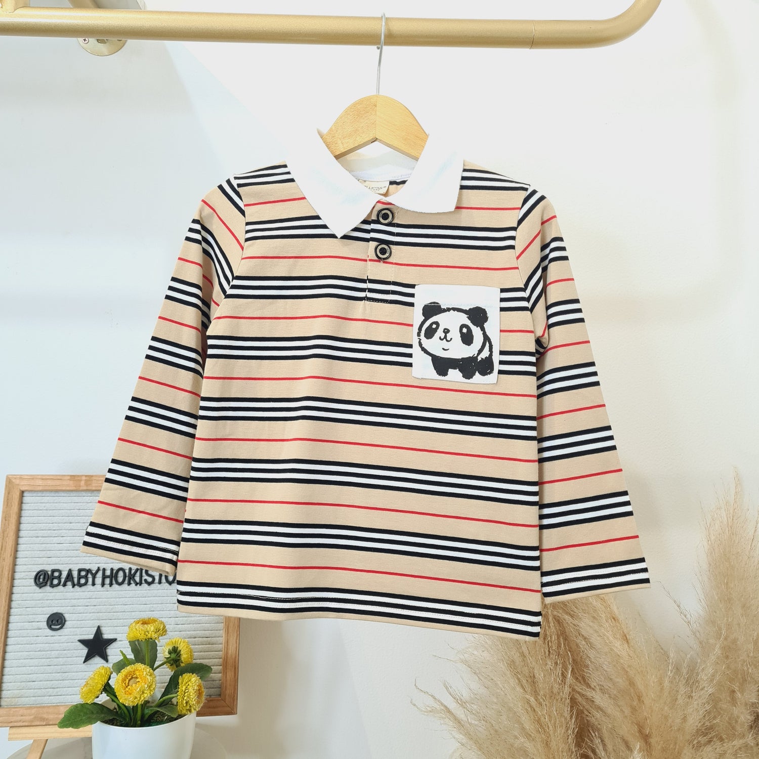 [513718] - Atasan Polo Kerah Lengan Panjang Anak Laki-Laki - Motif Striped Pandas