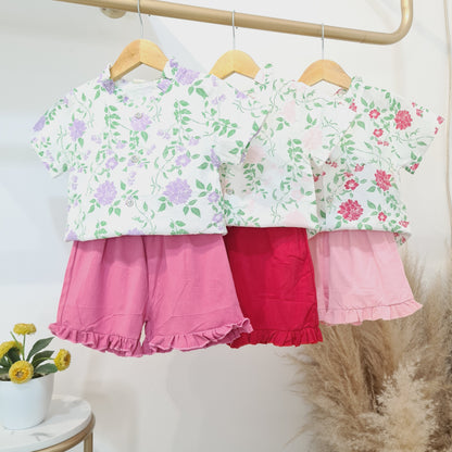 [340329-V1] - Setelan Blouse Celana Pendek Anak Perempuan - Motif Flower Leaf