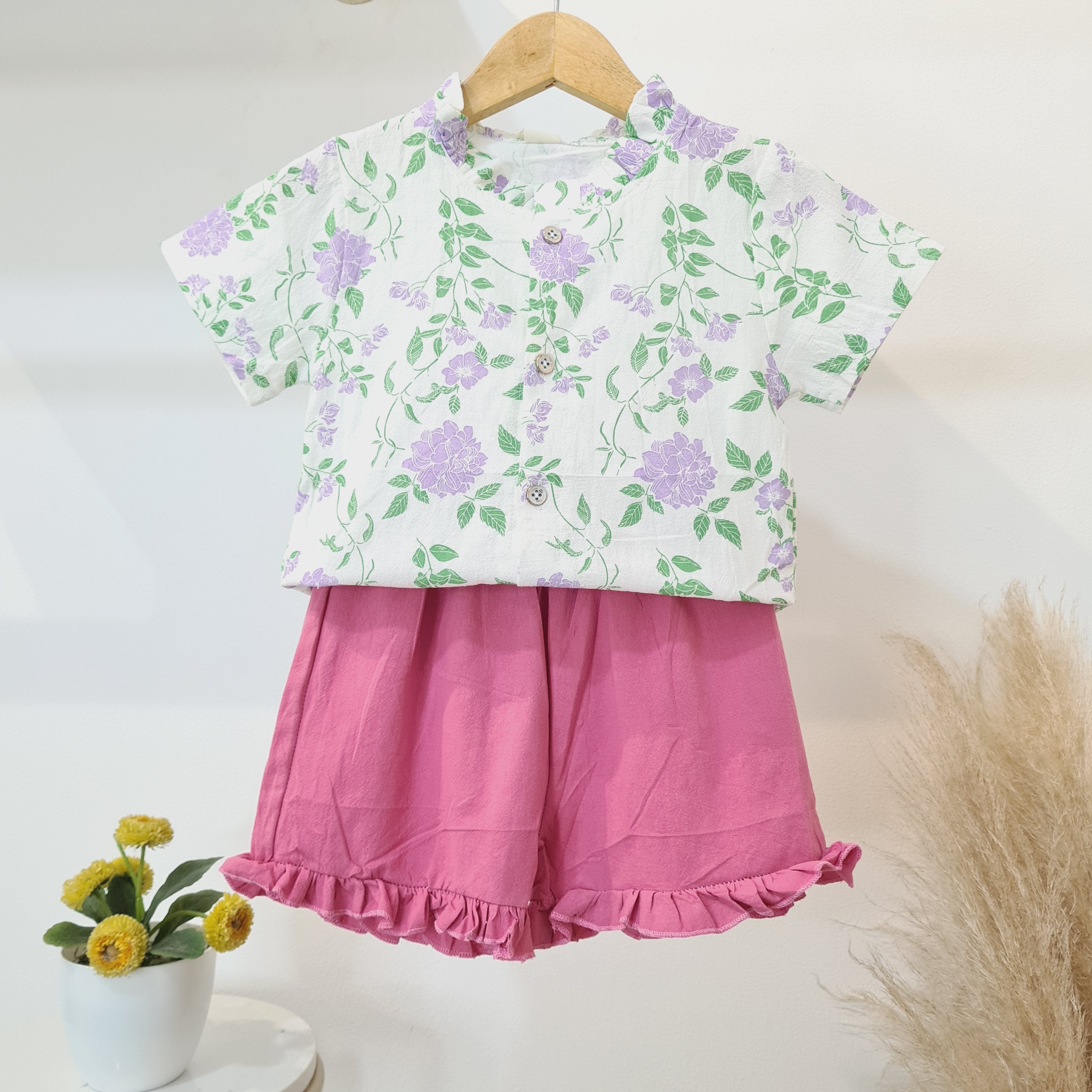 [340329-V1] - Setelan Blouse Celana Pendek Anak Perempuan - Motif Flower Leaf