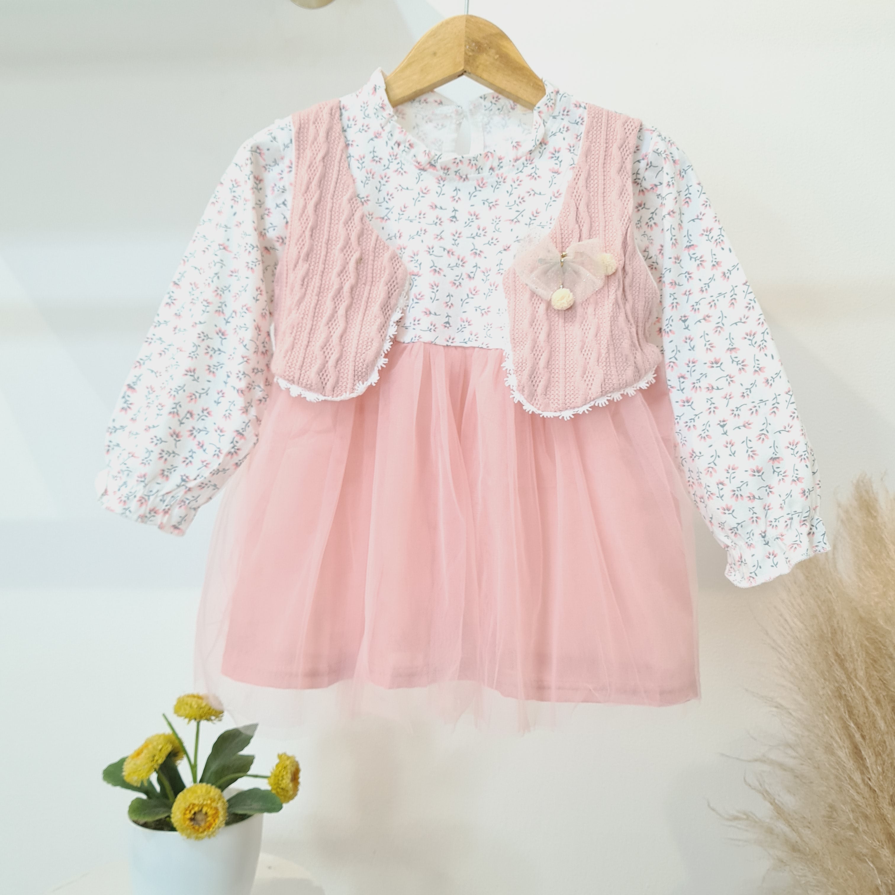 [340332-V1] - Dress Tutu Lengan Panjang Import Anak Perempuan - Motif Little Flower