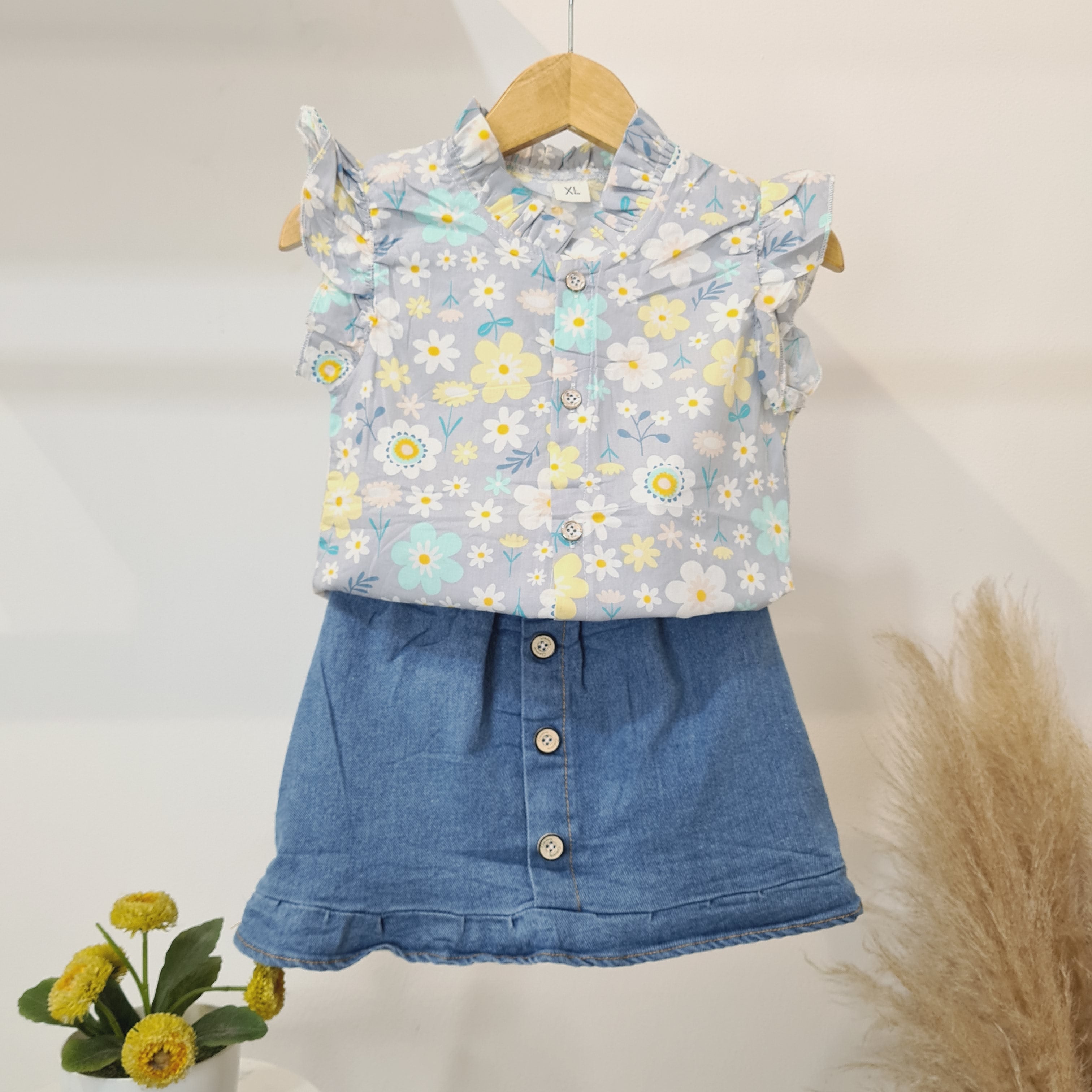 [340328-V1] - Setelan Blouse Rok Denim Anak Perempuan - Motif Flower Model