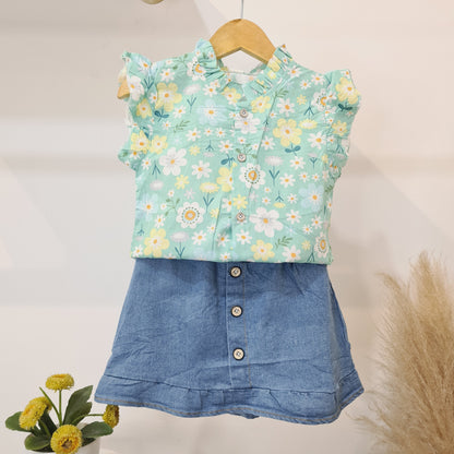 [340328-V1] - Setelan Blouse Rok Denim Anak Perempuan - Motif Flower Model