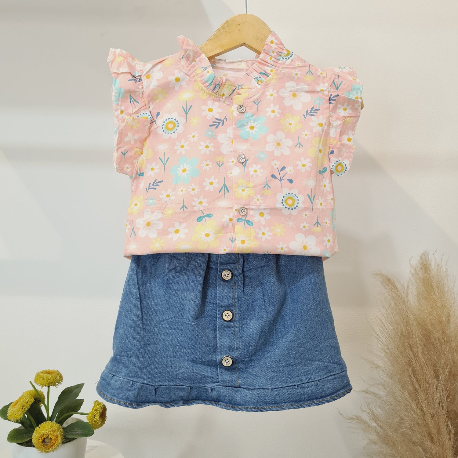 [340328-V1] - Setelan Blouse Rok Denim Anak Perempuan - Motif Flower Model