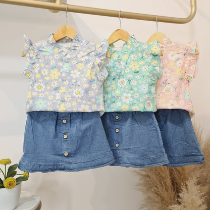 [340328-V1] - Setelan Blouse Rok Denim Anak Perempuan - Motif Flower Model