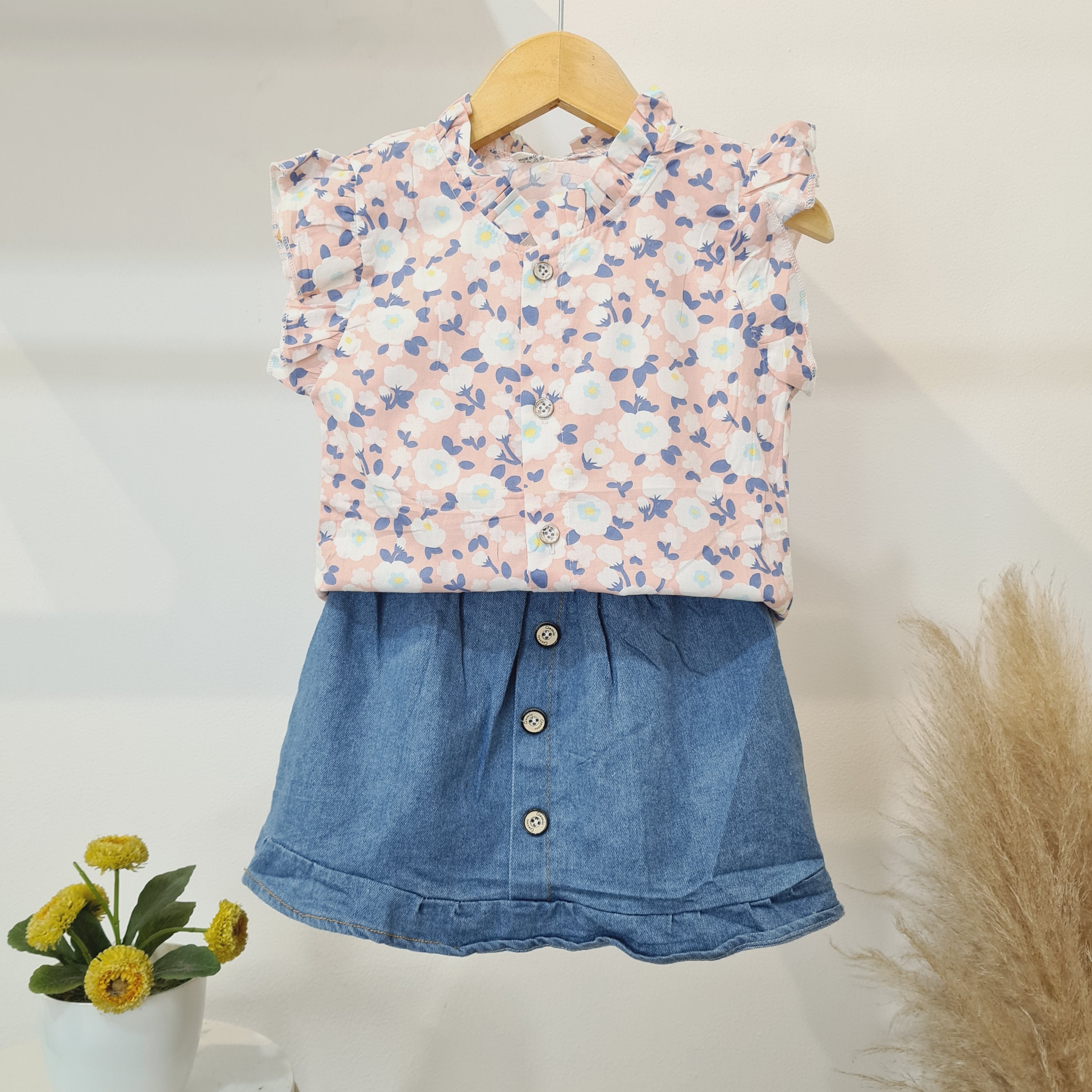 [340327-V1] - Setelan Blouse Rok Denim Anak Perempuan - Motif Flower Pattern