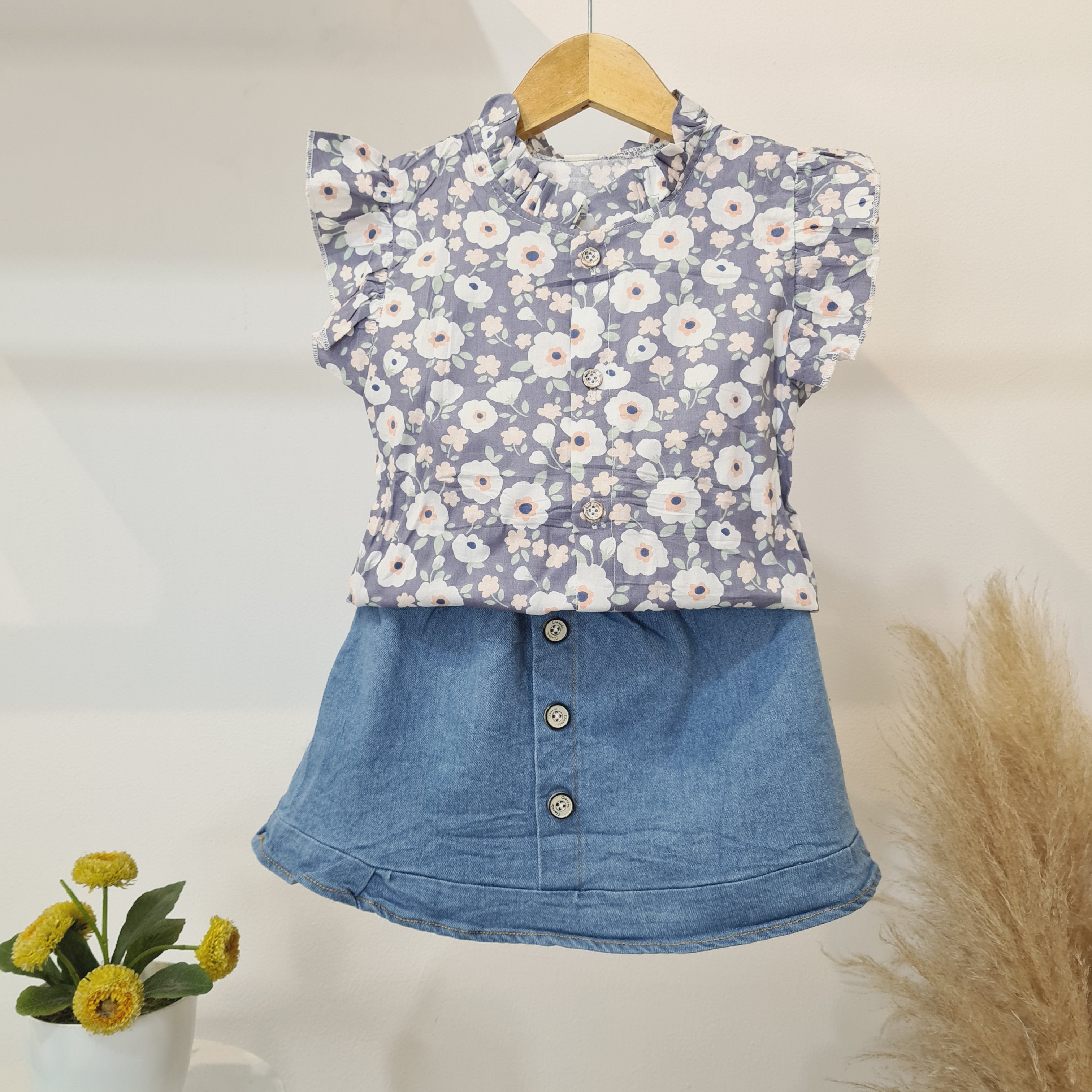 [340327-V1] - Setelan Blouse Rok Denim Anak Perempuan - Motif Flower Pattern