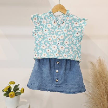 [340327-V1] - Setelan Blouse Rok Denim Anak Perempuan - Motif Flower Pattern