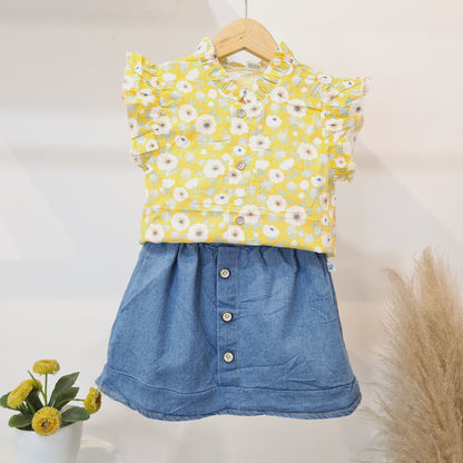 [340327-V1] - Setelan Blouse Rok Denim Anak Perempuan - Motif Flower Pattern