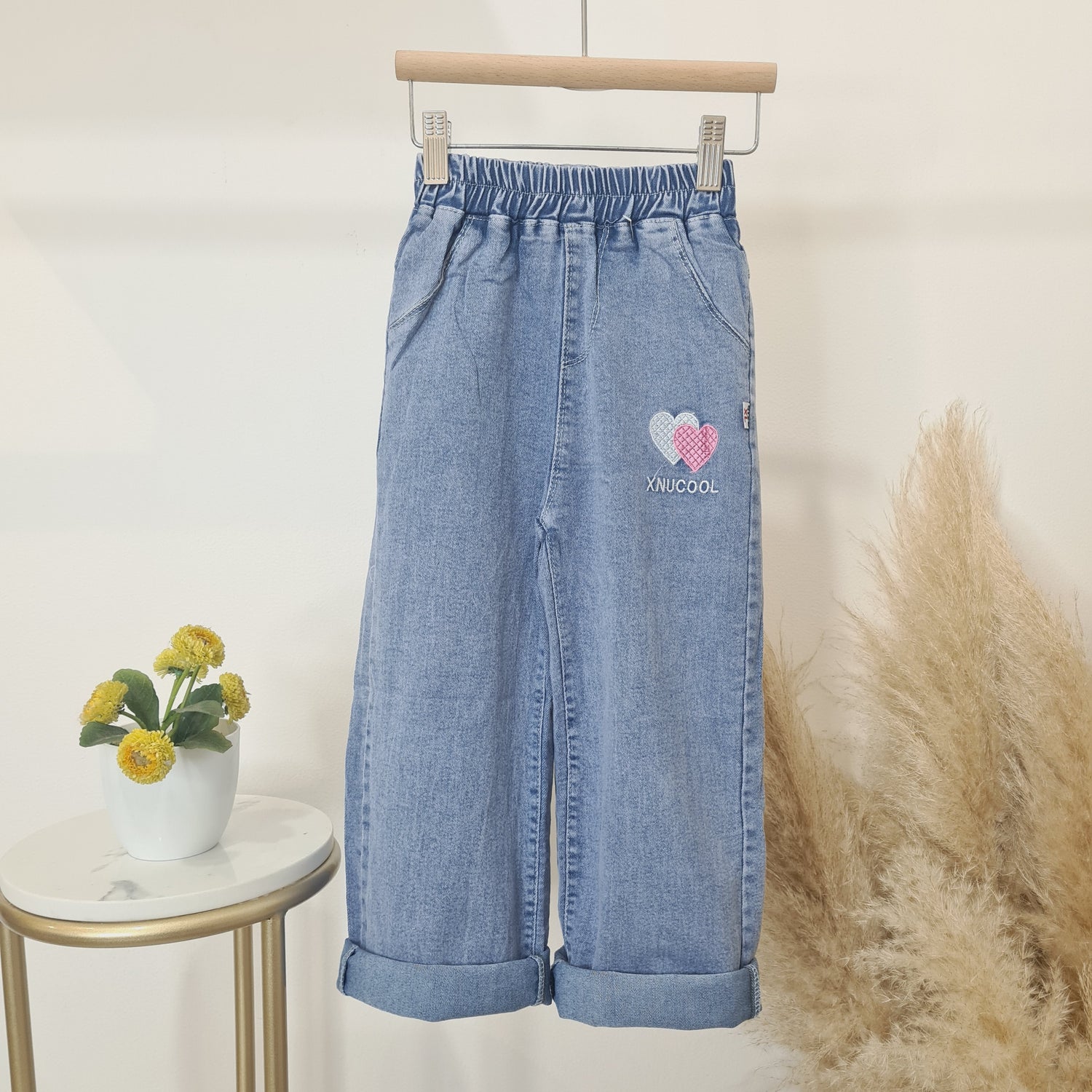 [508213-V1] - Import Celana Panjang Jeans Bordir Anak Perempuan - Motif Two Hearts