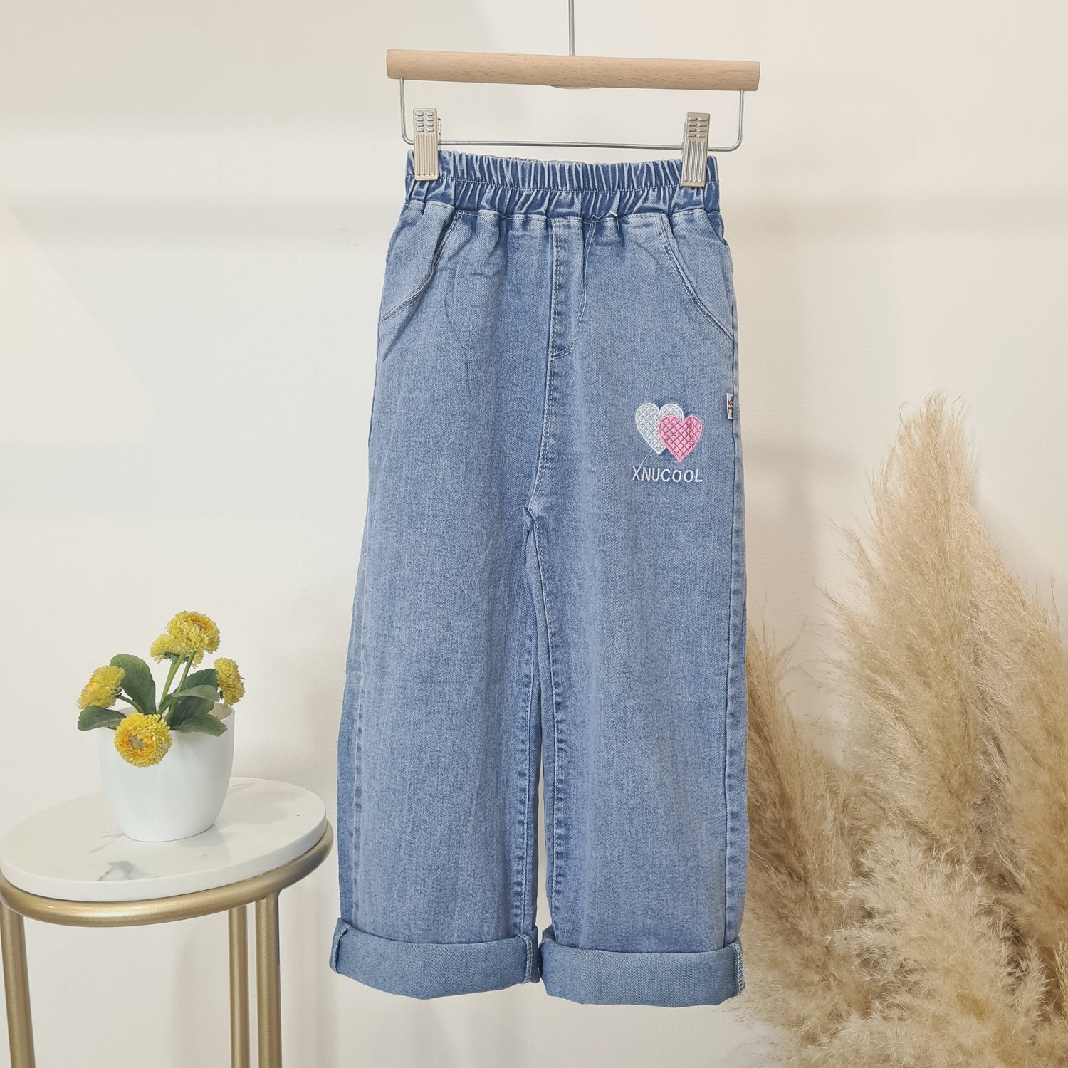 [508213-V1] - Celana Panjang Jeans Bordir Anak Perempuan - Motif Two Hearts