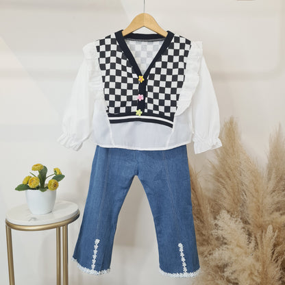 [340339-V1] - Setelan Blouse Cardigan Celana Jeans Anak Perempuan - Motif Box Box