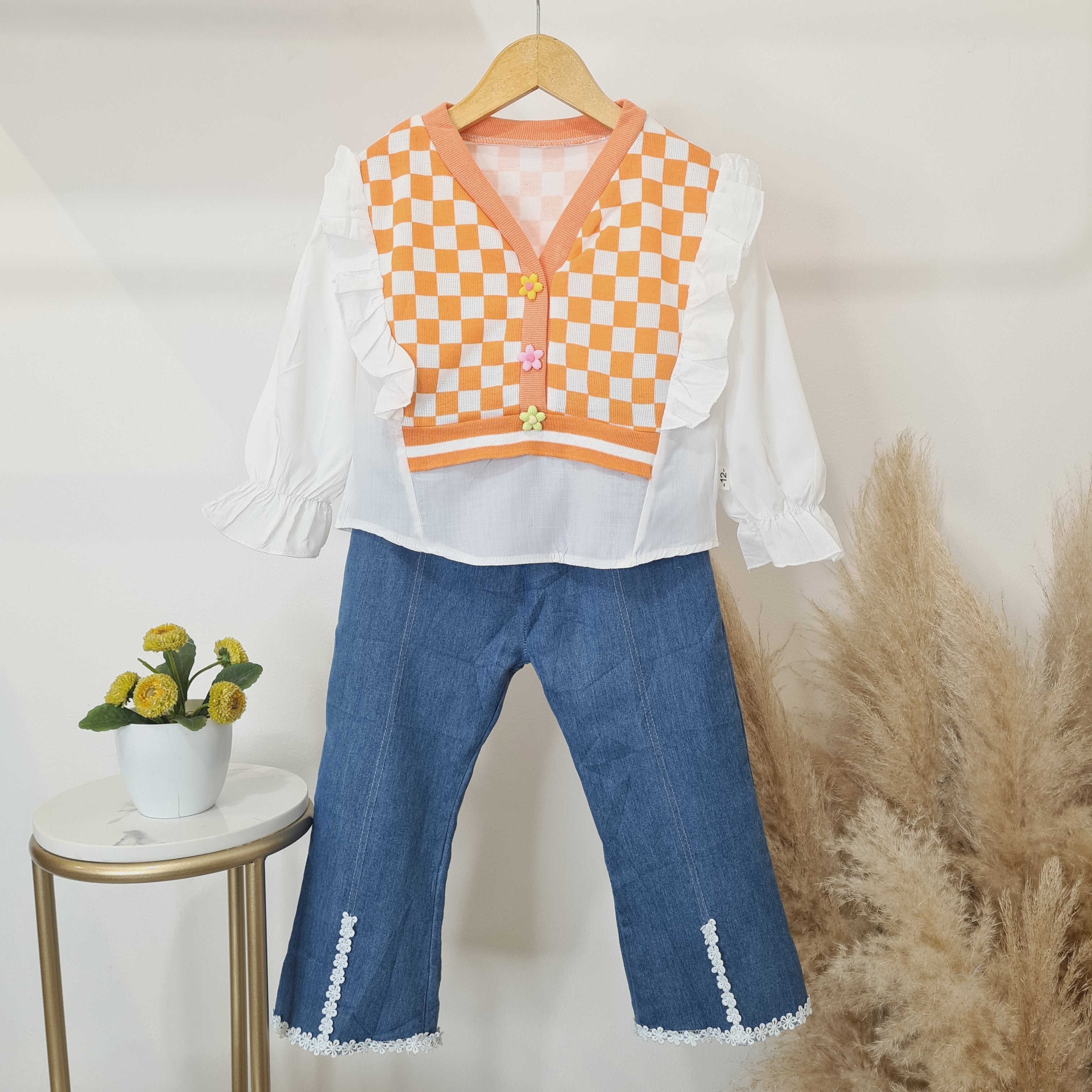 [340339-V1] - Setelan Blouse Cardigan Celana Jeans Anak Perempuan - Motif Box Box