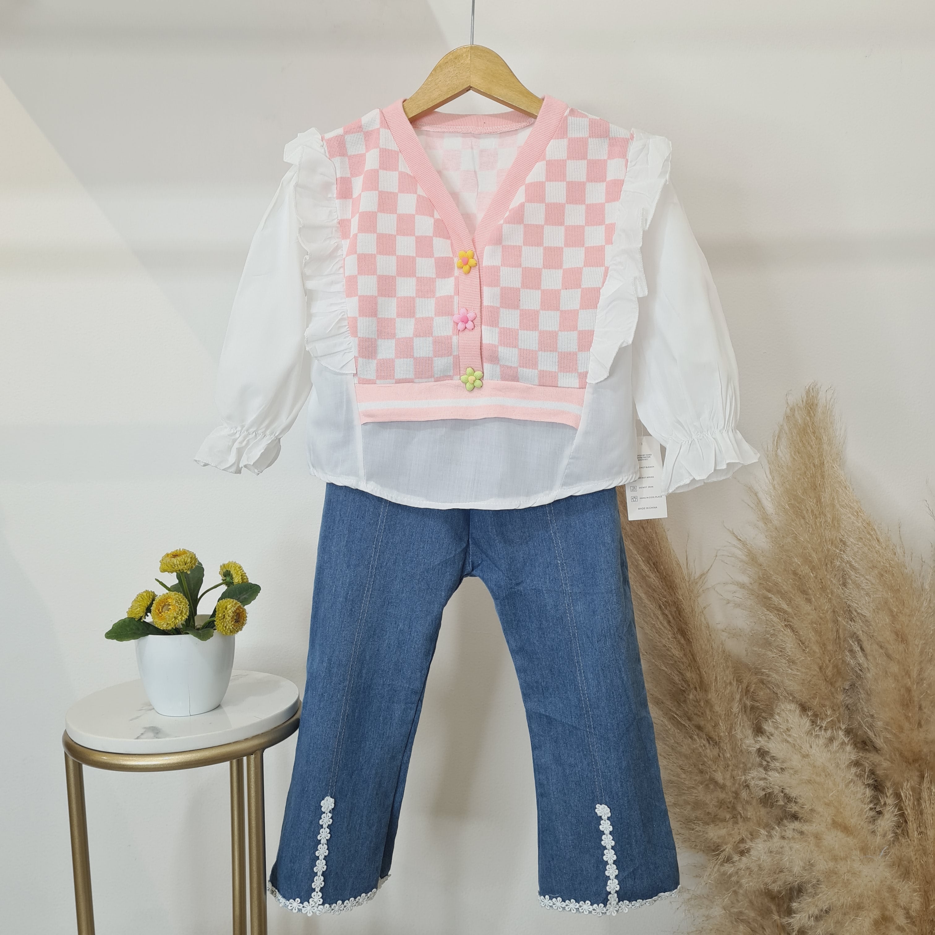 [340339-V1] - Setelan Blouse Cardigan Celana Jeans Anak Perempuan - Motif Box Box