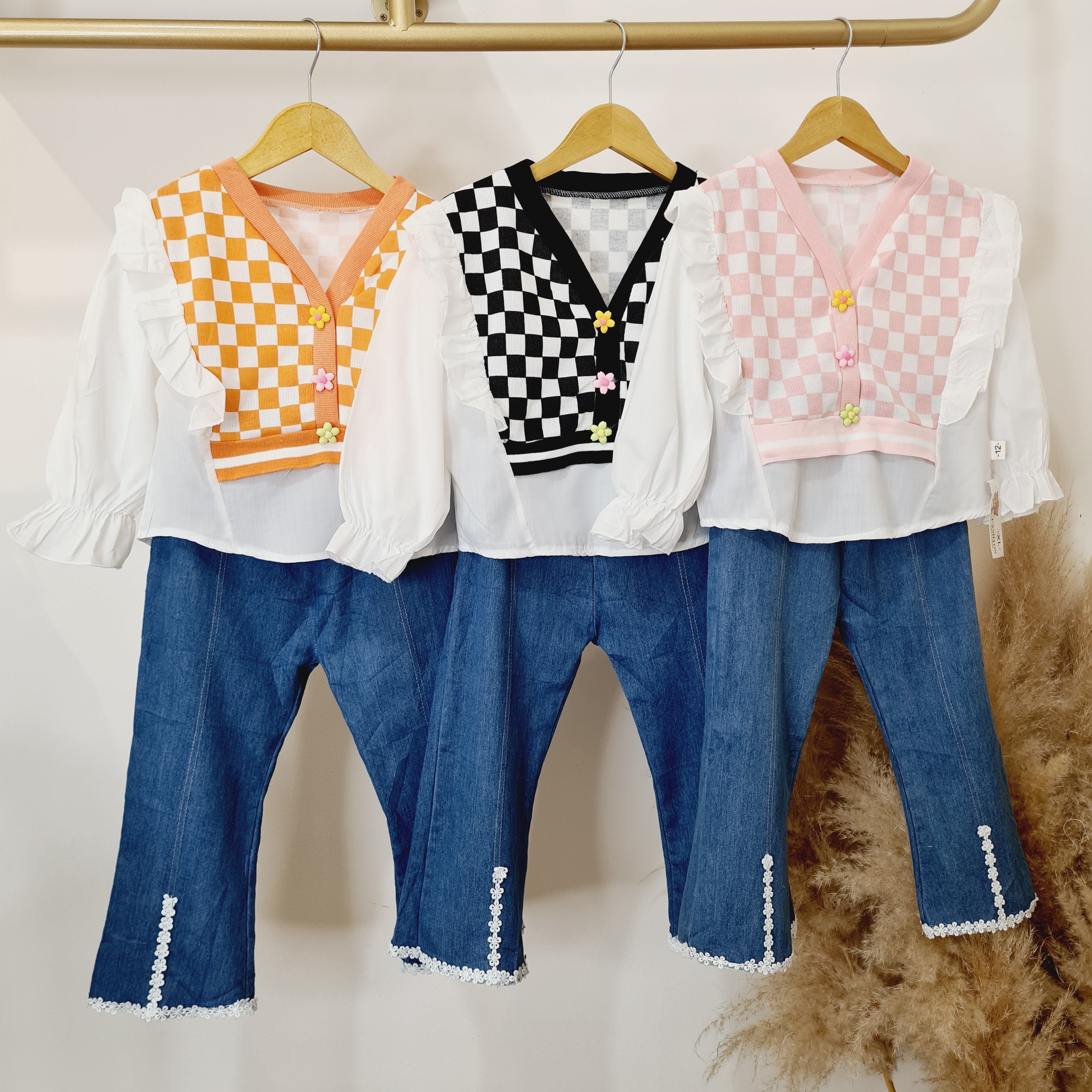 [340339-V1] - Setelan Blouse Cardigan Celana Jeans Anak Perempuan - Motif Box Box