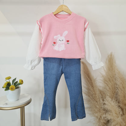 [340338-V1] - Setelan Sweater Blouse Celana Jeans Anak Perempuan - Motif Flower Rabbit