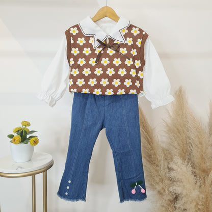 [340337-V1] - Setelan Sweater Blouse Celana Jeans Anak Perempuan - Motif Neat Flowers