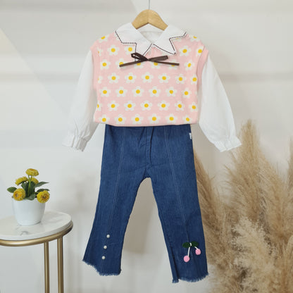 [340337-V1] - Setelan Sweater Blouse Celana Jeans Anak Perempuan - Motif Neat Flowers