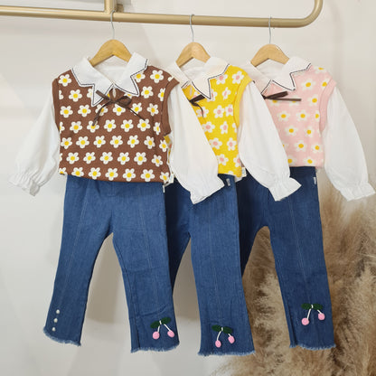 [340337-V1] - Setelan Sweater Blouse Celana Jeans Anak Perempuan - Motif Neat Flowers