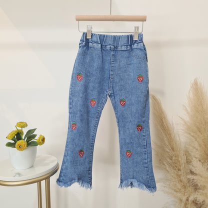 [508215-V1] - Celana Panjang Jeans Rawis Anak Perempuan - Motif Bordir Heart