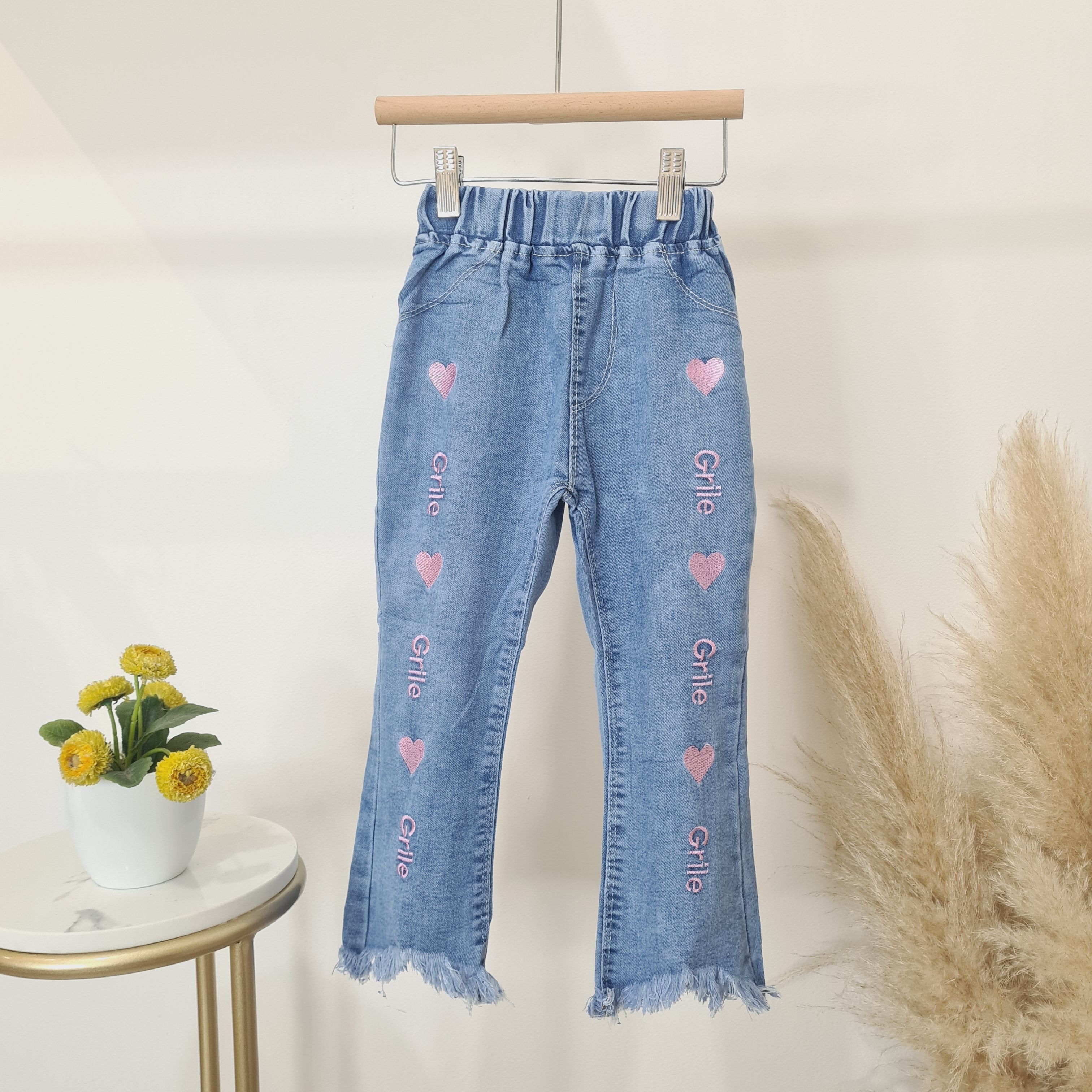 [508215-V1] - Celana Panjang Jeans Rawis Anak Perempuan - Motif Bordir Heart