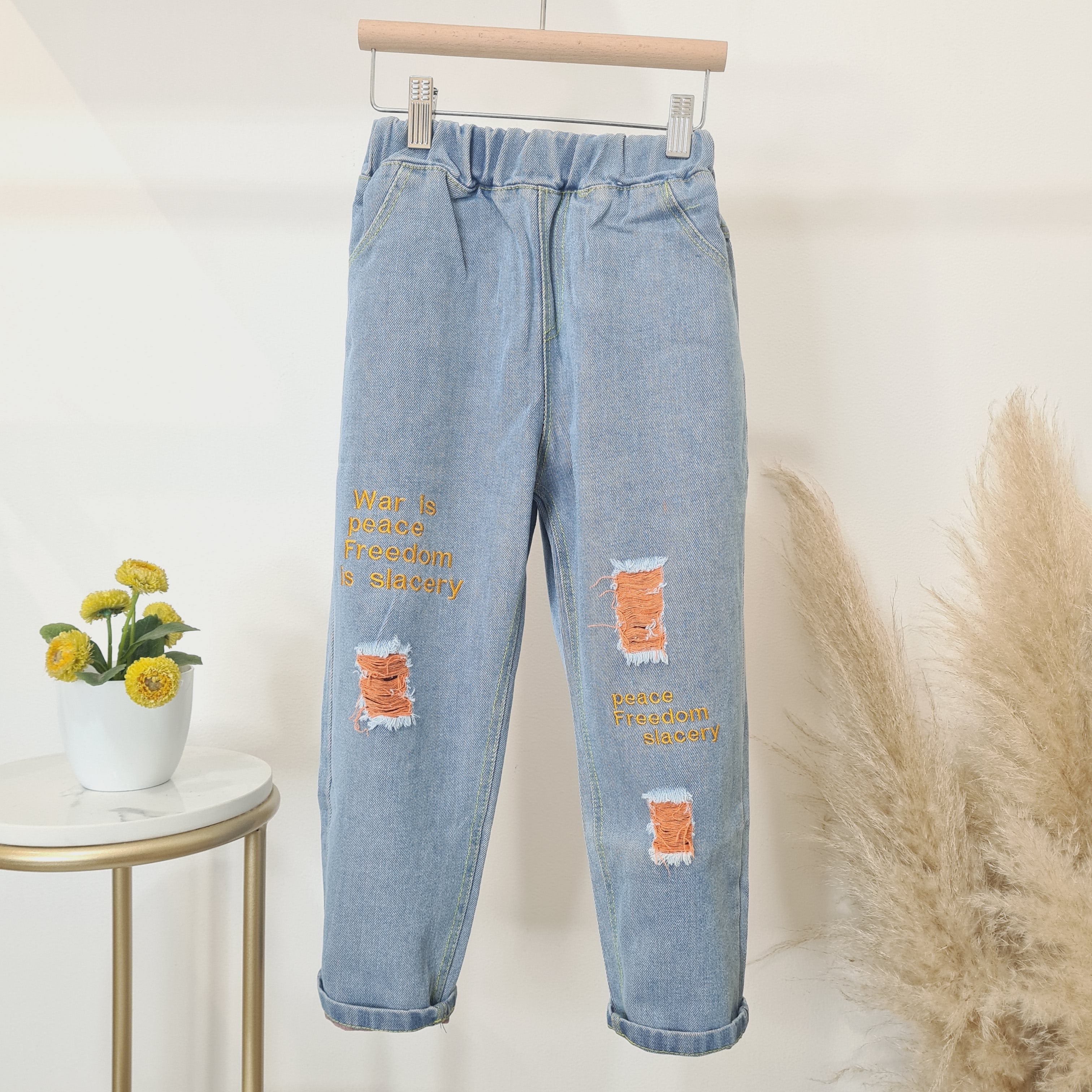 [508210-V1] - Celana Panjang Jeans Sobek Anak Perempuan - Motif Torn Writing