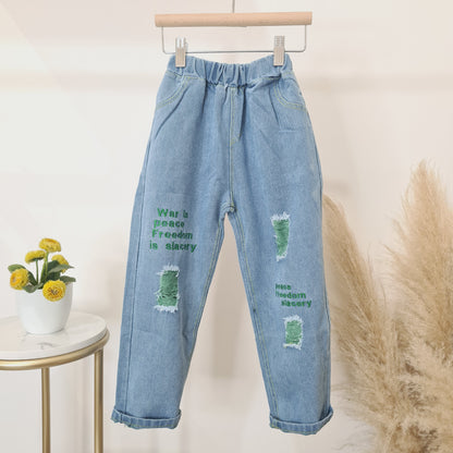 [508210-V1] - Celana Panjang Jeans Sobek Anak Perempuan - Motif Torn Writing