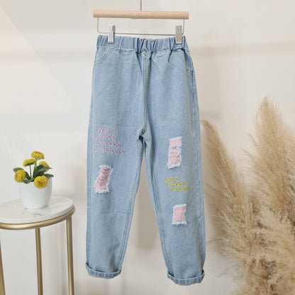 [508210-V1] - Celana Panjang Jeans Sobek Anak Perempuan - Motif Torn Writing