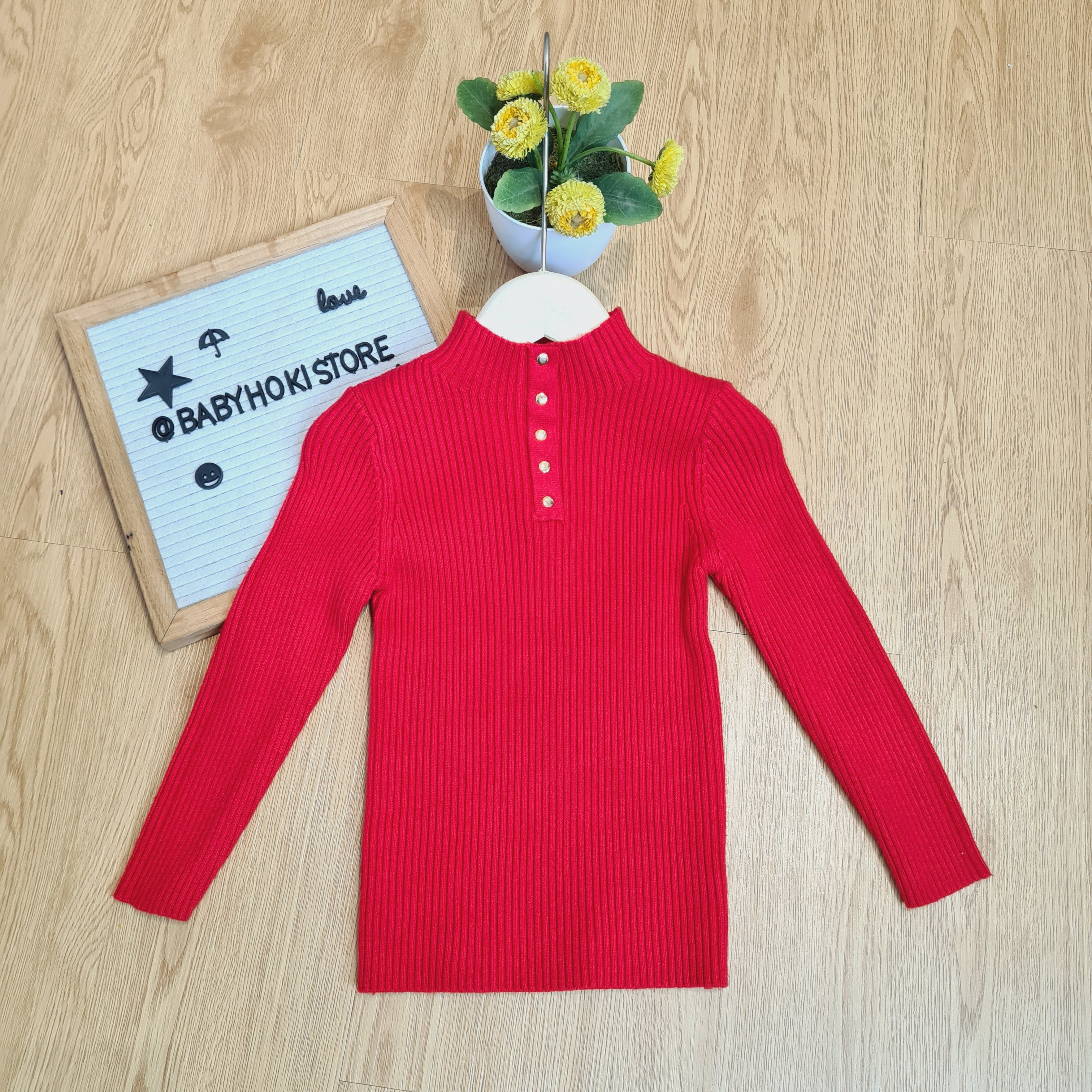 [602107] - Baju Atasan Lengan Panjang Kaos Sweater Rajut Turtleneck Anak Perempuan - Motif Button Collar