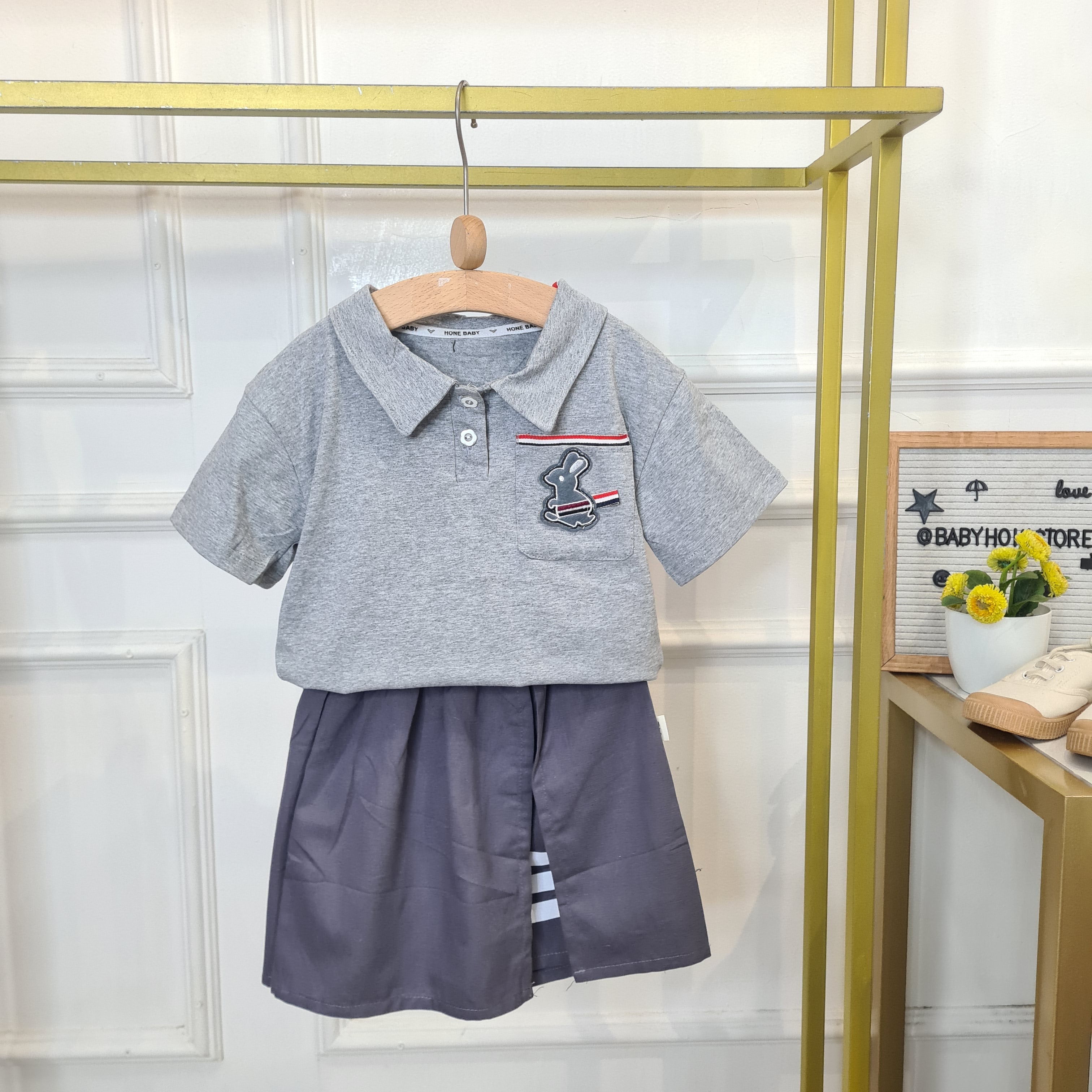 [345477-V1] - Baju Setelan Kaos Kerah Polo Fashion Import Anak Perempuan - Motif Bunny Lines