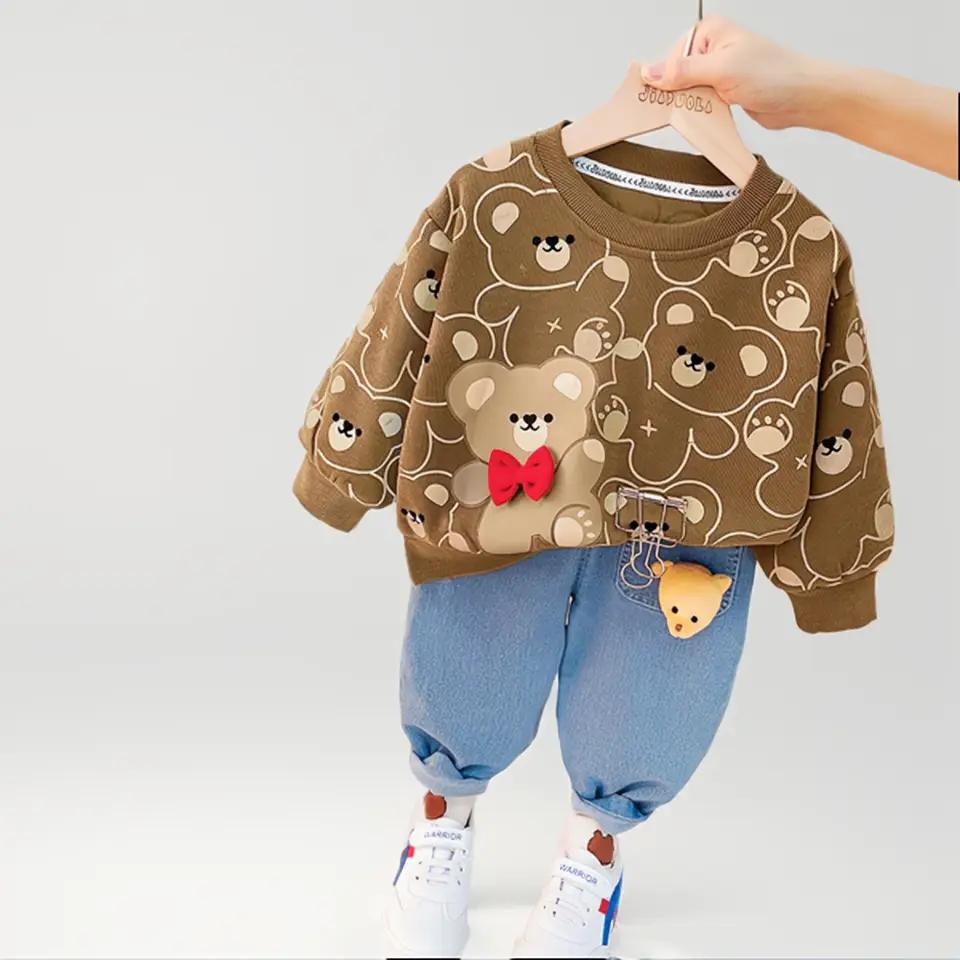 [340285] - Setelan 3D Sweater Crewneck Celana Jeans Import Anak Perempuan - Motif Ribbon Bear