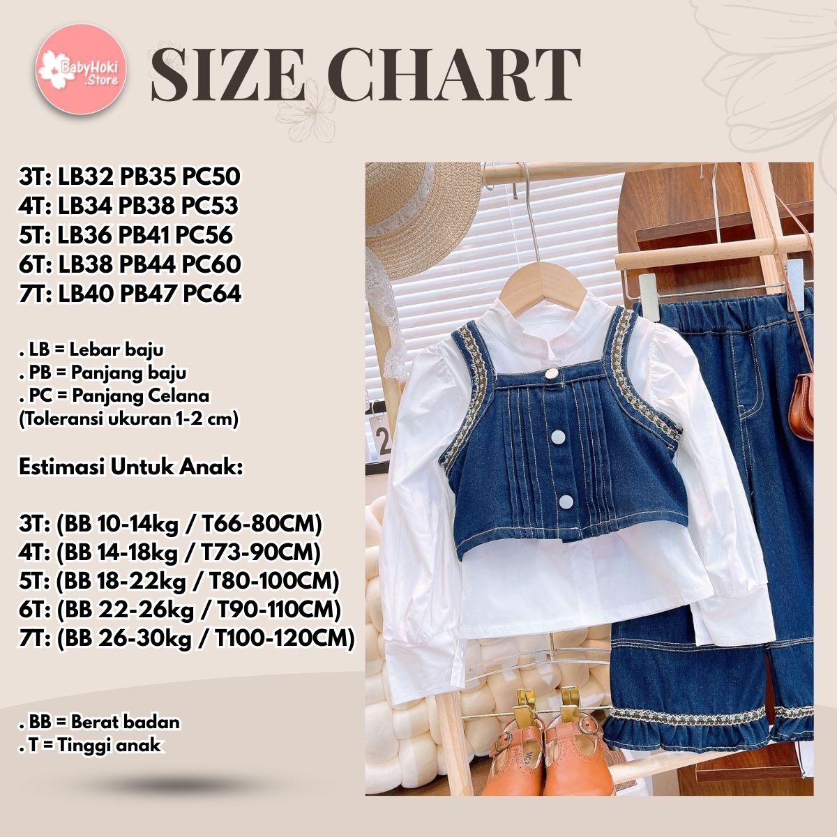 [363748] - One Set 3 in 1 Baju Setelan Blouse dan Rompi Lengan Panjang Celana Jeans Panjang Fashion Anak Perempuan - Motif Flower Strap - BABYHOKI STORE