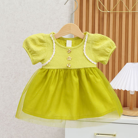 [340355-V1] - Mini Dress Kancing Lengan Pendek Anak Perempuan - Motif Lace