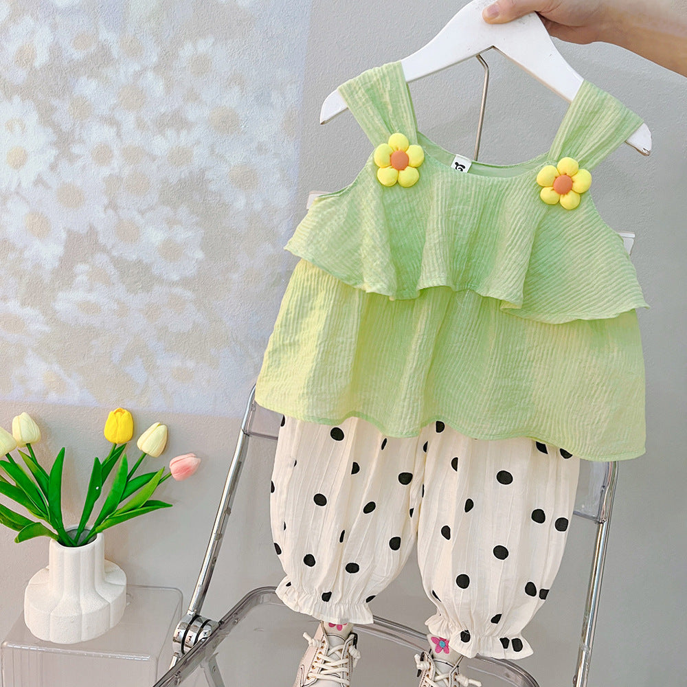 [340363] - Baju Setelan Blouse Kutung Fashion Anak Perempuan - Motif Polkadot Flower