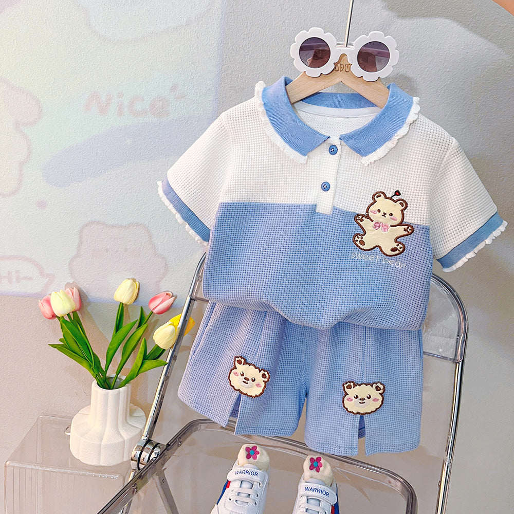 [340368] - Baju Setelan Bordir Kaos Kerah Polo Fashion Anak Perempuan - Motif Bear Gradation